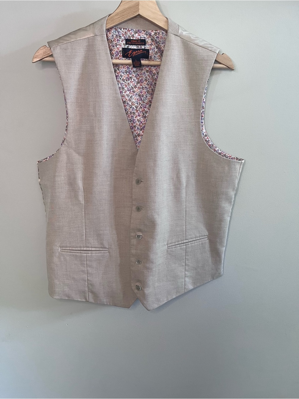Egara Men Skinny Fit Stretch‎ Suit Vest Tan Floral Lining Size L Waistcoat